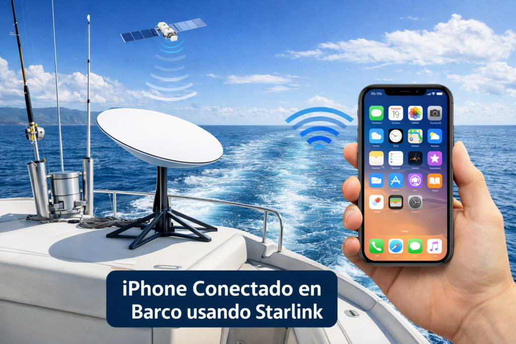 iPhone conectado a Starlink en un entorno mar铆timo